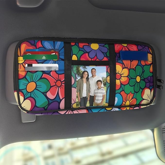 Car Sun Visor Organizer,Hippie Flower Multi-Pocket Car Truck SUV Storage Pouch Holder Elastic Bands Universal Fit Document Holder for Registration