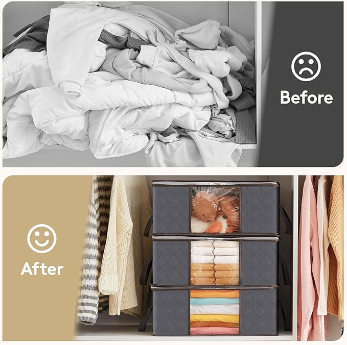 Lifewit 3 Pack 35L Clothes Storage Bins with Lids, Foldable Blanket Storage Bags with Zippers, Clear Window and Reinforced Ha