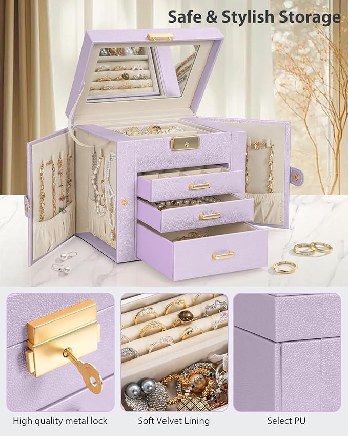 AKOZLIN 4-Tier Jewelry Box Leather Jewelry Storage Organizer with 3 Drawers Lockable for Women Girls Ring Necklace Earring Br