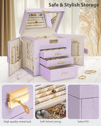 AKOZLIN 4-Tier Jewelry Box Leather Jewelry Storage Organizer with 3 Drawers Lockable for Women Girls Ring Necklace Earring Br