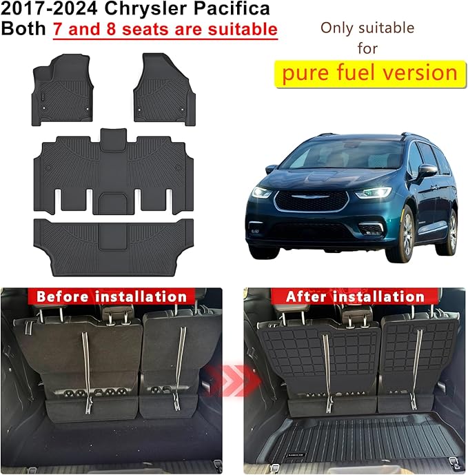 Floor Mats, Trunk Liner & Backrest Mat for 2017-2025 2026 Chrysler Pacifica Gas Touring 7/8 Seat (Non Hybrid & Non Pinnacle) Customized TPE All Weather Car Floor Liners with Backrest Protection Black