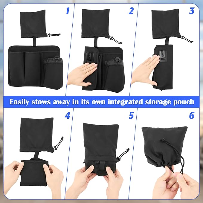 Airplane Seat Back Organizer, Flight Travel Organizer with 3 Metal Clips for Seat Back, Foldable Seatback Hanging Pocket with Storage Bag for Tablet, Passport, Phone, Water Bottle