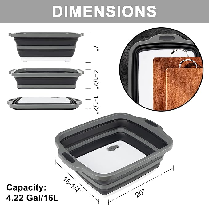 Tiawudi Large Collapsible BBQ Prep Tub with Lid(4.22 Gal/16L), Foldable Camping Sink with Colander, Cutting Board, Dish Basin