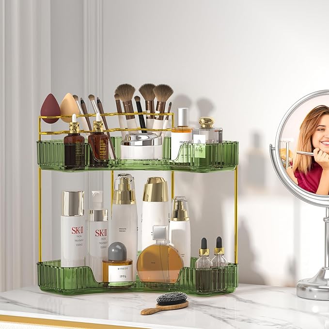 SUNZOS Bathroom Counter Organizer, Corner Vanity Cosmetic Storage with Makeup Brush Holder, Countertop Organizers for Dresser