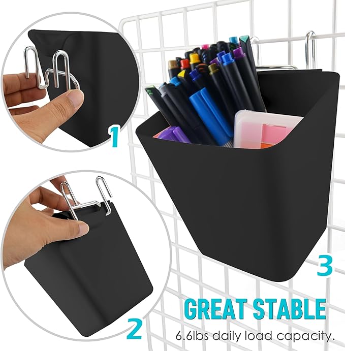 G.CORE Large Grid Wall Bins - 6Pack Black Gridwall Accessories Hanging Cups with Back Hooks - Plastic Grid Wall Panels Organi