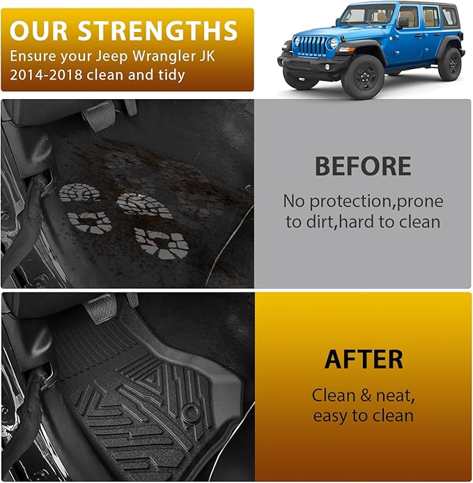 Powerty Floor Mats for Jeep Wrangler JK 2014-2018 Unlimited 4-Door (NOT for JL or 2-Door) All Weather TPE Custom Fit Car Mats Floor Liners 1st & 2nd Row, Black