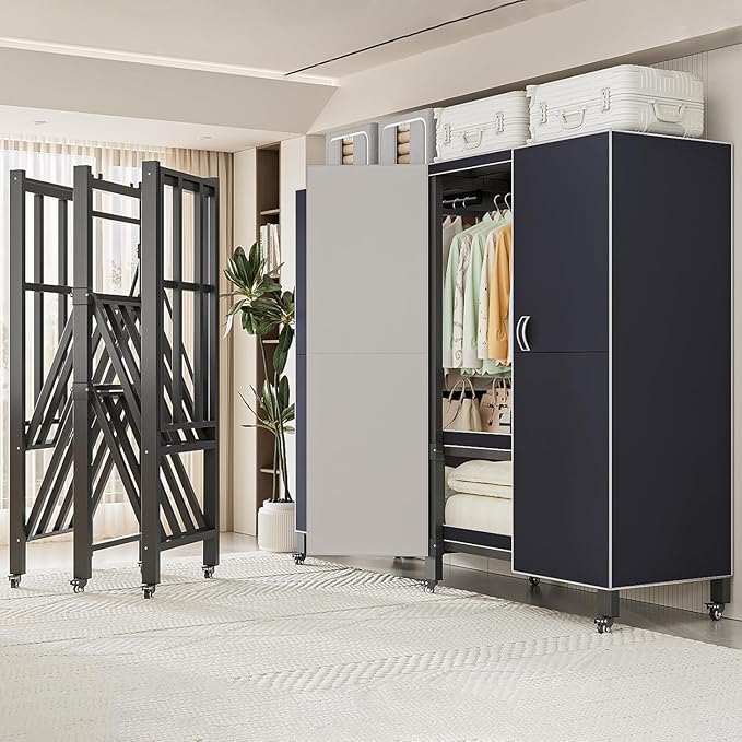 Heavy Duty Covered Clothes Rack with Magnetic Door Foldable Portable Wardrobe Closet for Hanging Clothing Rolling Black Metal