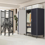 Heavy Duty Covered Clothes Rack with Magnetic Door Foldable Portable Wardrobe Closet for Hanging Clothing Rolling Black Metal