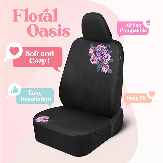 BDK Pink Butterfly & Flowers Car Seat Covers, Cute Car Accessories for Women Front Seat Covers for Car Fits Most Cars Trucks 