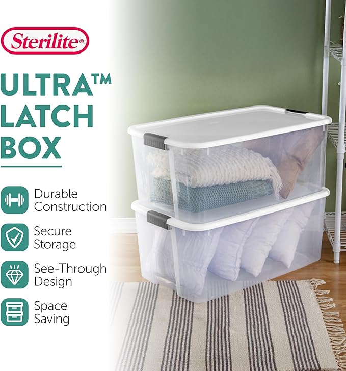 Sterilite 16-Pack Ultra Latching Box, Storage Bins with Lids, Clear Plastic, 116 Quart - Heavy-Duty Organizing Containers for