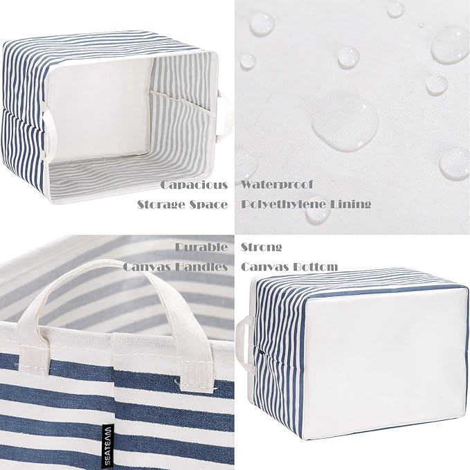 Sea Team Collapsible Canvas Fabric Storage Basket with Handles, Rectangle Waterproof Storage Bin, Box, Cube, Foldable Shelf B