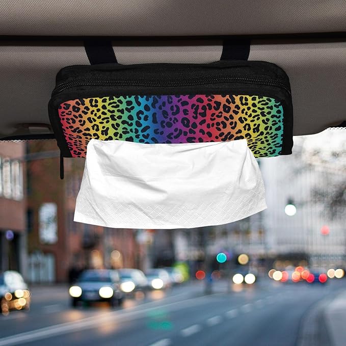 Car Tissue Holder Car Visor Organizer Tissue Box Holder for Car Sun Visor Organizer with Car Vehicle Accessories Essentials Interior for Women Men Rainbow Leopard Print
