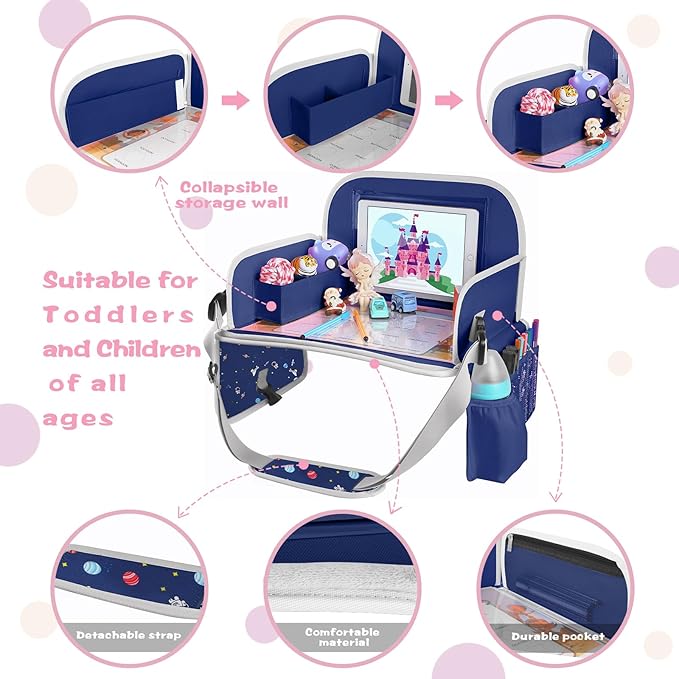 MENZOKE Car Seat Tray for Kids with Educational Drawing Board, Tablet Holder & Cooler Cup Holder, Essential for Car Travel & 