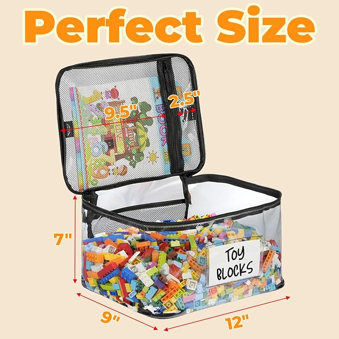 6-Pack Extra Large Toy Storage Bags with Zippers & Labels, Reusable Clear TPU Waterproof Organizer for Kids Toys, Building Bl