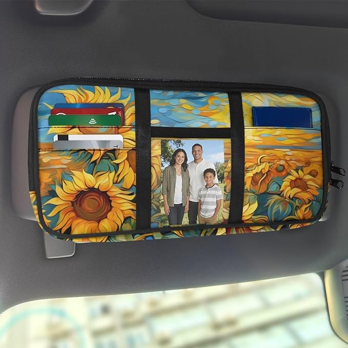Sunflower Sun Visor Organizer Car Sunvisor Organizers Multi-pocket Visor Organizer Storage Pouch for Cars, Suvs & Trucks with Zippers Vehicle Accessories for Document, Card, Pen