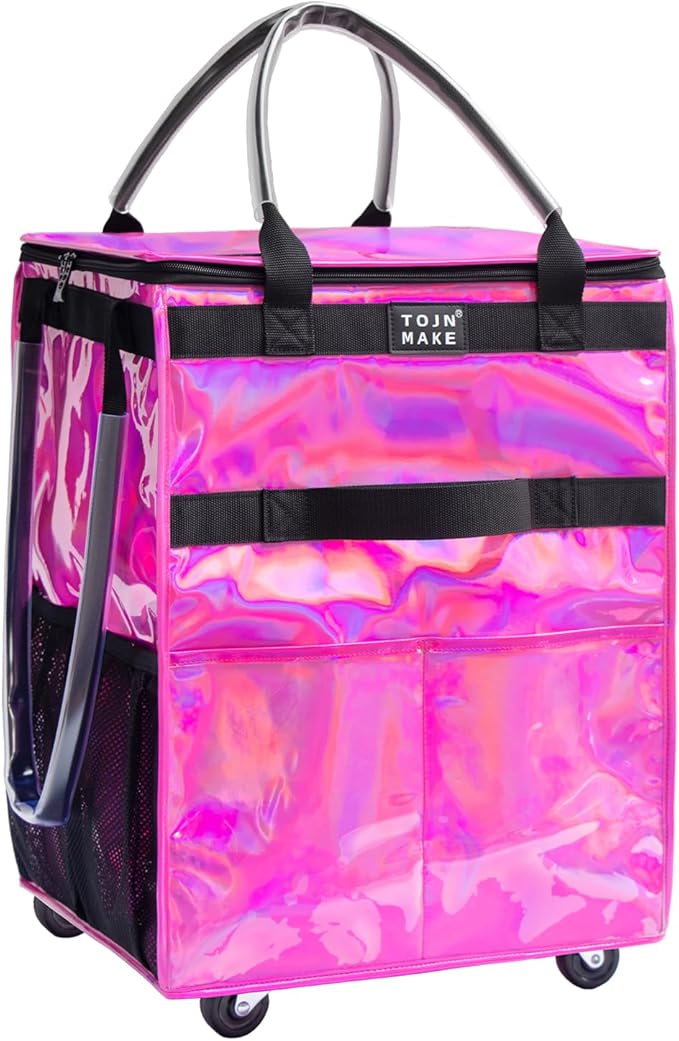 Reusable Grocery Bag On Wheels (Medium, Glitter Pink), Shopping Trolley, Rolling Tote with 8 Pockets and Zipper Cover, Foldable, Heavy Duty Handles, Carries Up to 66 LBS
