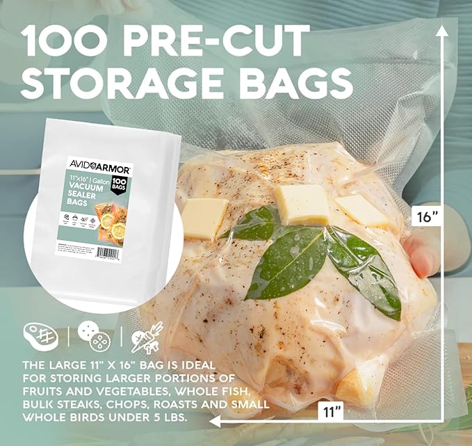 Avid Armor Vacuum Sealer Bags 100 Gallon 11"x16" for Food Saver, Seal a Meal Vac Sealers BPA Free, Heavy Duty Commercial Grad