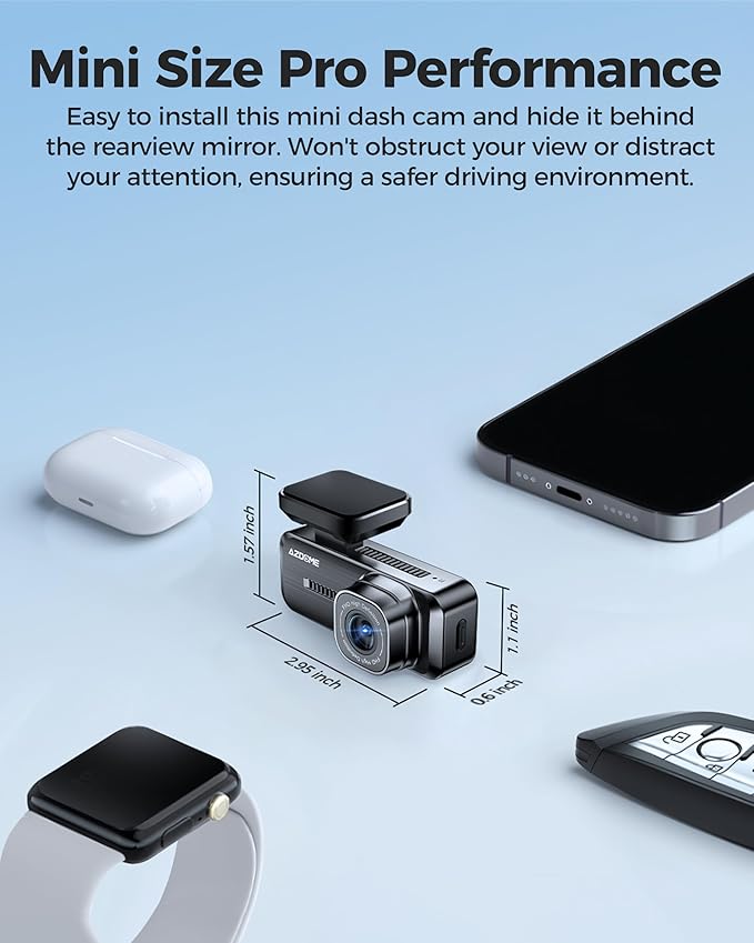 AZDOME M200 Mini Dash Cam WiFi Dashcam - Single Channel Dash Cam for Broad Road Coverage - Built-in WiFi - Full HD Resolution