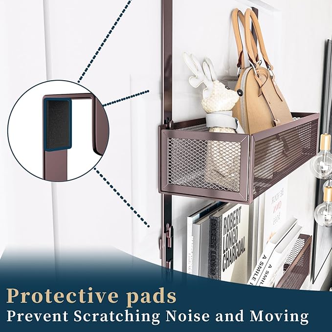 Consumest Over The Door Hooks Organizer - Extra Long Door Hanger with 9 Coat Hooks & 2 Mesh Basket, Back Storage Organizer Ha