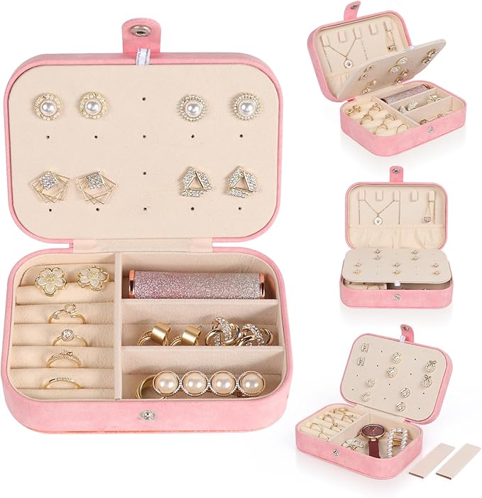Hatori Travel Jewelry Box, PU Leather Small Jewelry Organizer for Women Girls, Portable Mini Travel Case Display Storage Hold