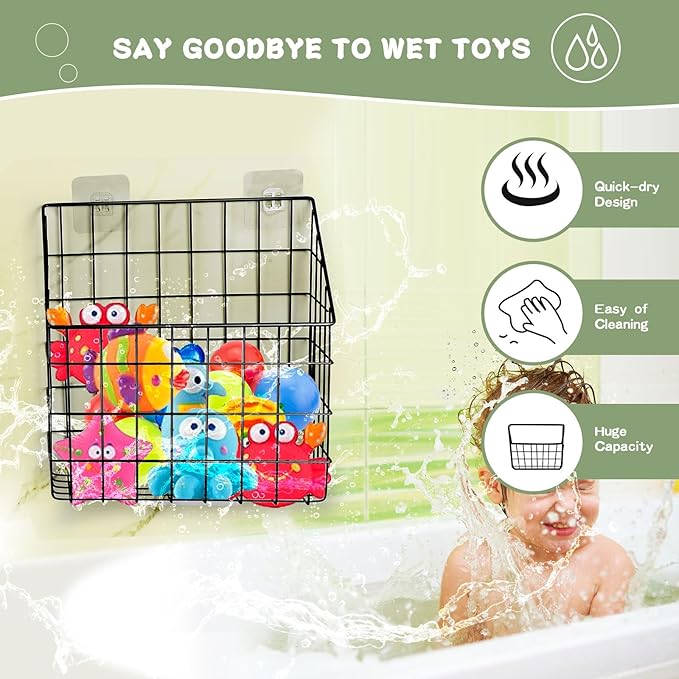 2 Pack Bath Toy Storage Organizer Basket, Large Metal Bathtub Toy Holder, Wall Mounted Hanging Shower Basket, Bath Toy Organi