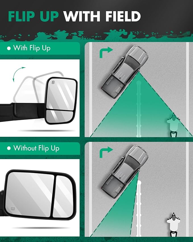 Towing Mirror Compatible With 1998-2001 for Dodge for Ram 1500 for Ram 2500 for Ram 3500 Pickup Truck Tow Mirror Adjusted Heated Turn Signal Light Manual Folding and Flip Up 1 Pair