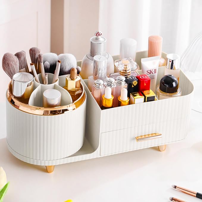 Rotating Makeup Organizer for Vanity with Brush Holder and Drawer, Cosmetic Makeup Storage, Large Spinning Makeup Skincare Or