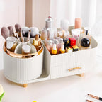 Rotating Makeup Organizer for Vanity with Brush Holder and Drawer, Cosmetic Makeup Storage, Large Spinning Makeup Skincare Or