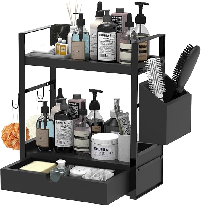 2-Tired Bathroom Counter Organizers and Storage, Coffee Bar Organizer with Drawer, Solid Wood Skincare Perfume Organizer for 