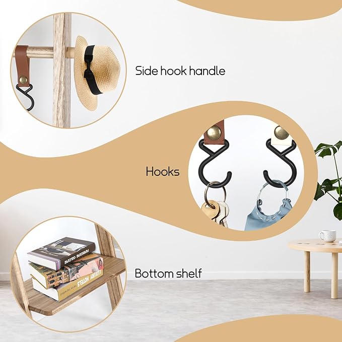 Wooden Ladder with Shelf for Room Decor, 6-Tier Decor Ladder with Non-Slip Mat & Hooks, Farmhouse Style Leaning Wall Display 