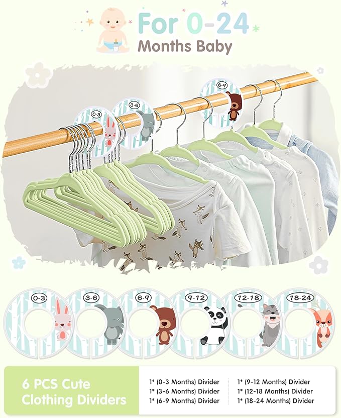 VIS'V Baby Hangers, 11 Inch Velvet Kids Hangers with 6 Pcs Clothes Size Dividers, Infant Toddler Nursery Closet Organization,