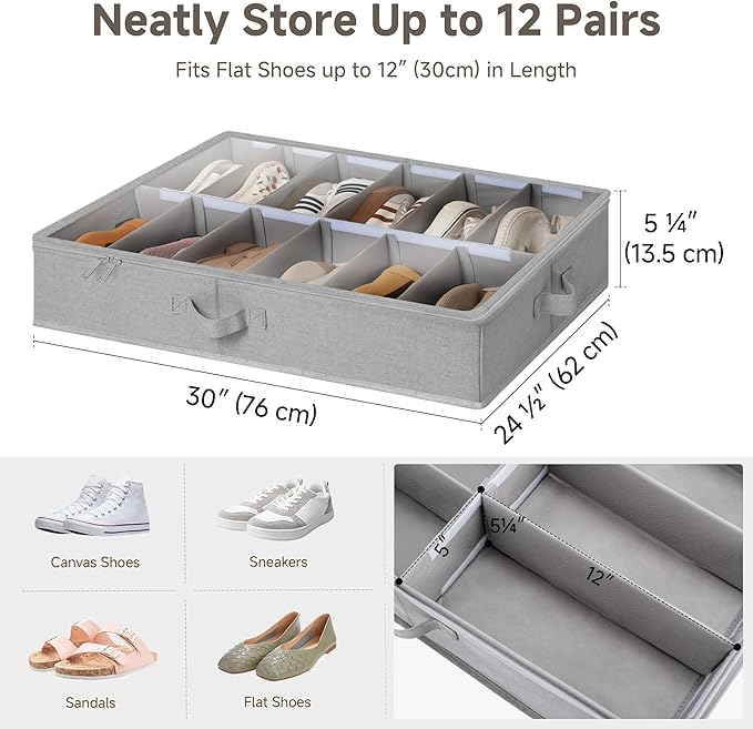 StorageWorks Shoe Organizer for Closet, Fits up to 24 Pairs, 2-Pack Ultra-thick Fabric Under Bed Shoe Storage Containers with