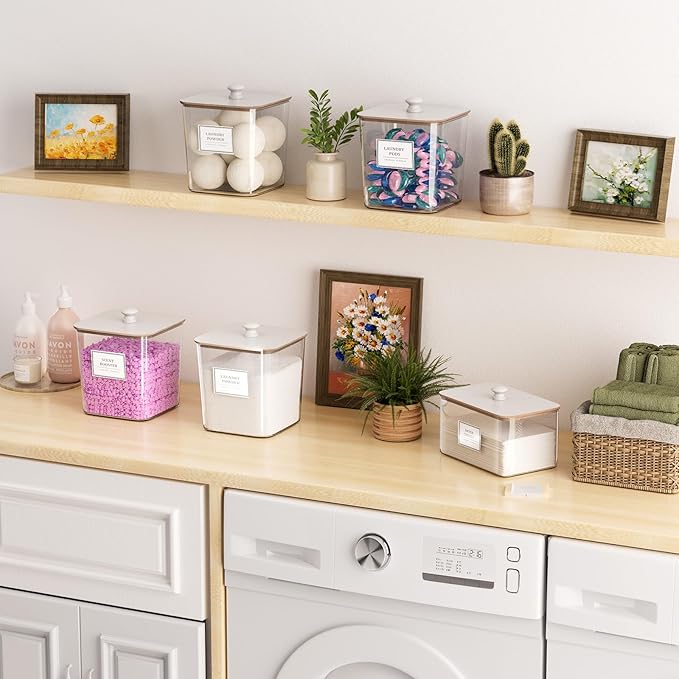 Laundry Pods Storage Container, Clear Laundry Room Organization and Storage,Detergent Powder Container,with Wooden Lids & Lab