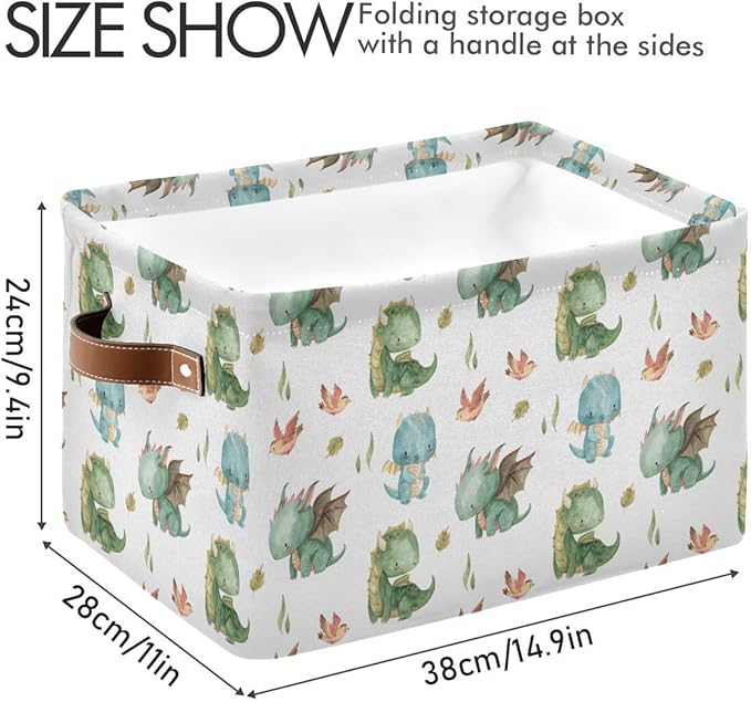 xigua Cute Dragon Storage Basket Collapsible Storage Bins Waterproof Canvas Storage Basket with Leather Handles for Home Clos