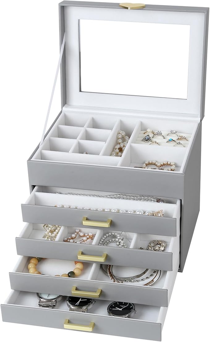 Kendal Jewelry Box, 5-Layer Jewelry Organizer Box with Glass Lid, Gray, Heart Shaped PU Leather, Storage Box for Necklace Ear