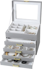 Kendal Jewelry Box, 5-Layer Jewelry Organizer Box with Glass Lid, Gray, Heart Shaped PU Leather, Storage Box for Necklace Ear