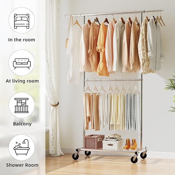 Simple Trending Standard Clothing Garment Rack, Rolling Clothes Organizer with Wheels and Bottom Shelves, Extendable, Chrome