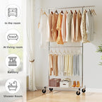 Simple Trending Standard Clothing Garment Rack, Rolling Clothes Organizer with Wheels and Bottom Shelves, Extendable, Chrome