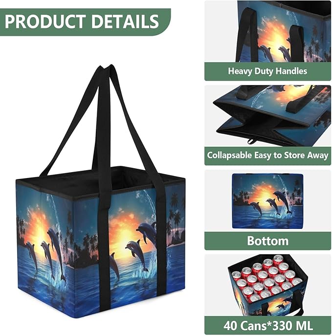 Jumping Dolphin Reusable Grocery Bags Large Shopping Tote Bag with Reinforced Bottom Board, Water Resistant Foldable Storage 