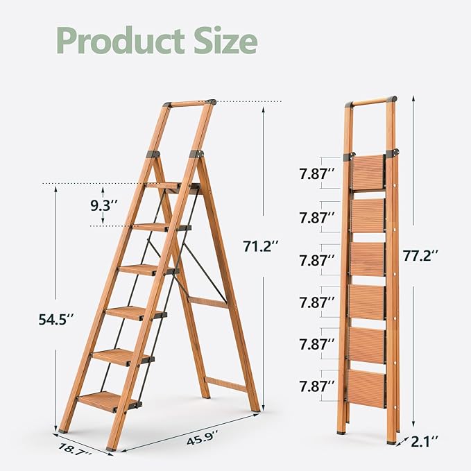 WOA WOA 6 Step Ladder, Folding Ladder with Handrails for High Ceilings, Indoor Tall Ladders with Wide Pedals, Lightweight Alu