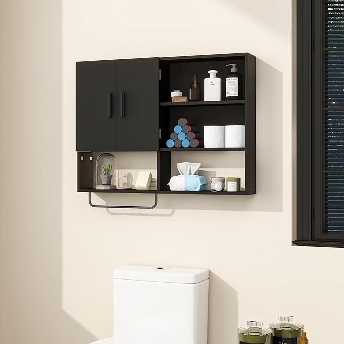 Medicine Cabinet, Wooden Bathroom Wall Cabinet with 2 Doors, Adjustable Shelves & Towel Bar, Over Toilet Storage Cabinet Wall