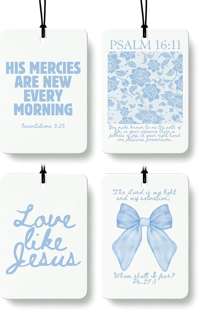 Blue Coquette Bow Floral Christian Car Air Freshener 4 Pcs, Preppy Girly Religious Hanging Air Freshener for Cars Closet Draw