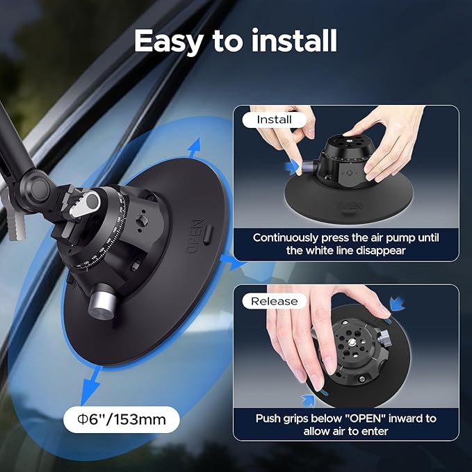 EMART Shock Absorber Arm Car Camera Mount for Action Camera, Featuring 6" Vacuum Car Suction Cup, Qick Release NATO Rail, Hydraulic Boom Arm Compatible with DJI Osmo Pocket 3, Insta360, GoPro, iPhone