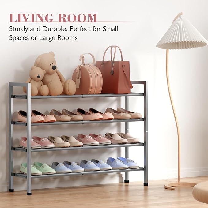 Bumusty 4-Tier Expandable Shoe Rack for Closet, 18“-33” Adjustable Shoe Rack for Small Space, Small Shoe Organizer for Front 
