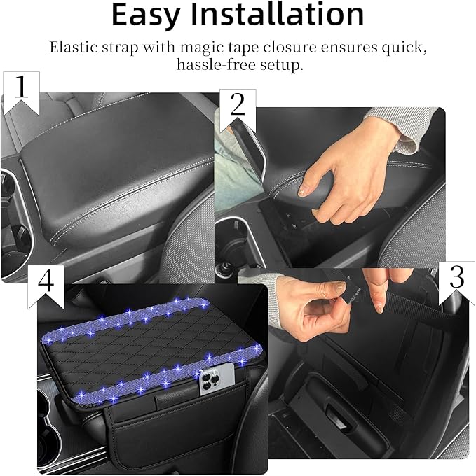 NBTEPEM Bling Car Center Console Cover, Leather Car Arm Rest Cover Cushion with 2 Storage Bags, Universal Automotive Armrest Protector Storage Box, Bling Accessories Interior for Most Vehicles (Blue)