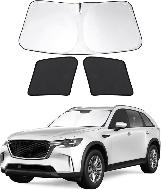 3PCS Car Window Shades Front Windshield Sun Shade Foldable Window Shade Custom Fit for Mazda CX-9 2019-2026 Accessories Car Shades for Front Windows Anti-UV Rays Block Heat