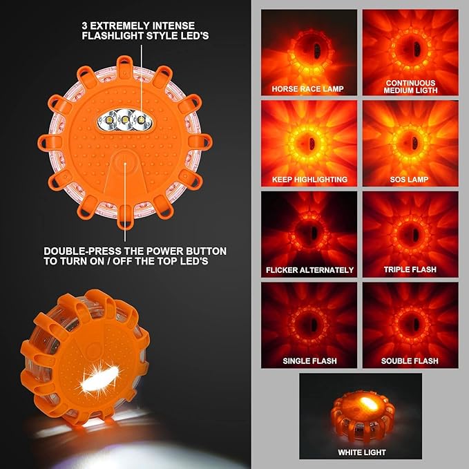 GP904 LED Road Flares Emergency Light Kit, 9 Glow Modes Strong Magnet Hang Hook for Holiday Gift, Road Emergency Rescue Searc