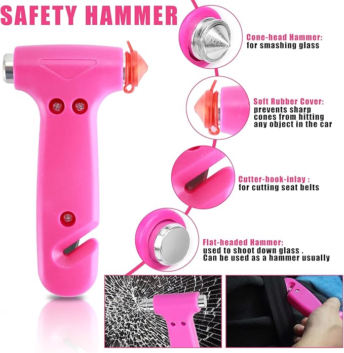Car Emergency Kit, Pink Roadside Emergency Car Kit with Jumper Cables, Tow Rope, Safety Hammer, Pink Car Accessories for Wome