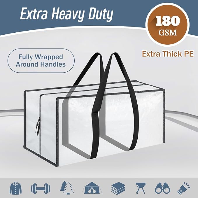 12 Pack Extra Heavy Duty Large Moving Bags with Strong Zipper & Comfortable Handles, Sturdy & Durable Clothes Storage Bags To