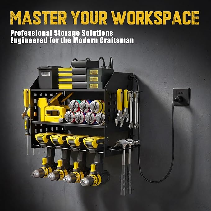 SPACECARE Power Tool Organizer with Charging Station 6 Outlets, 3-Layer Heavy Duty Wall Mount Drill Storage Rack, Cordless To